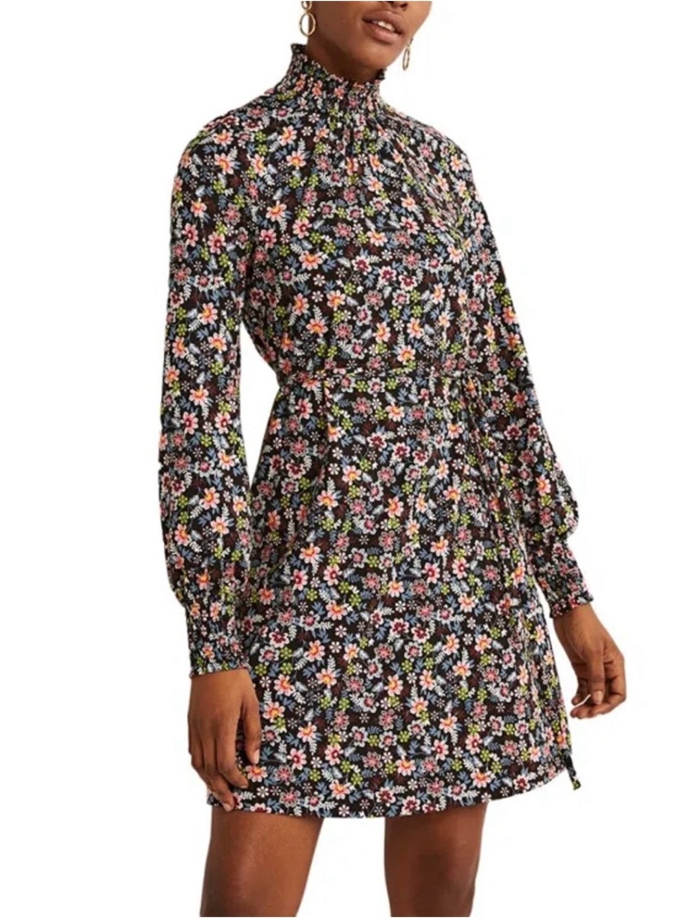 Boden NWT Floral High-Neck Long-Sleeve Mini Dress - Black Floral